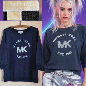 Michael Kors Black Rhinestone MK Logo 3/4 Sleeve Top  Small